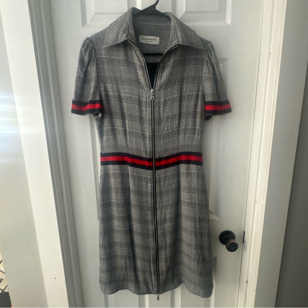Stylish Gray Plaid Midi Dress with Red Accents
